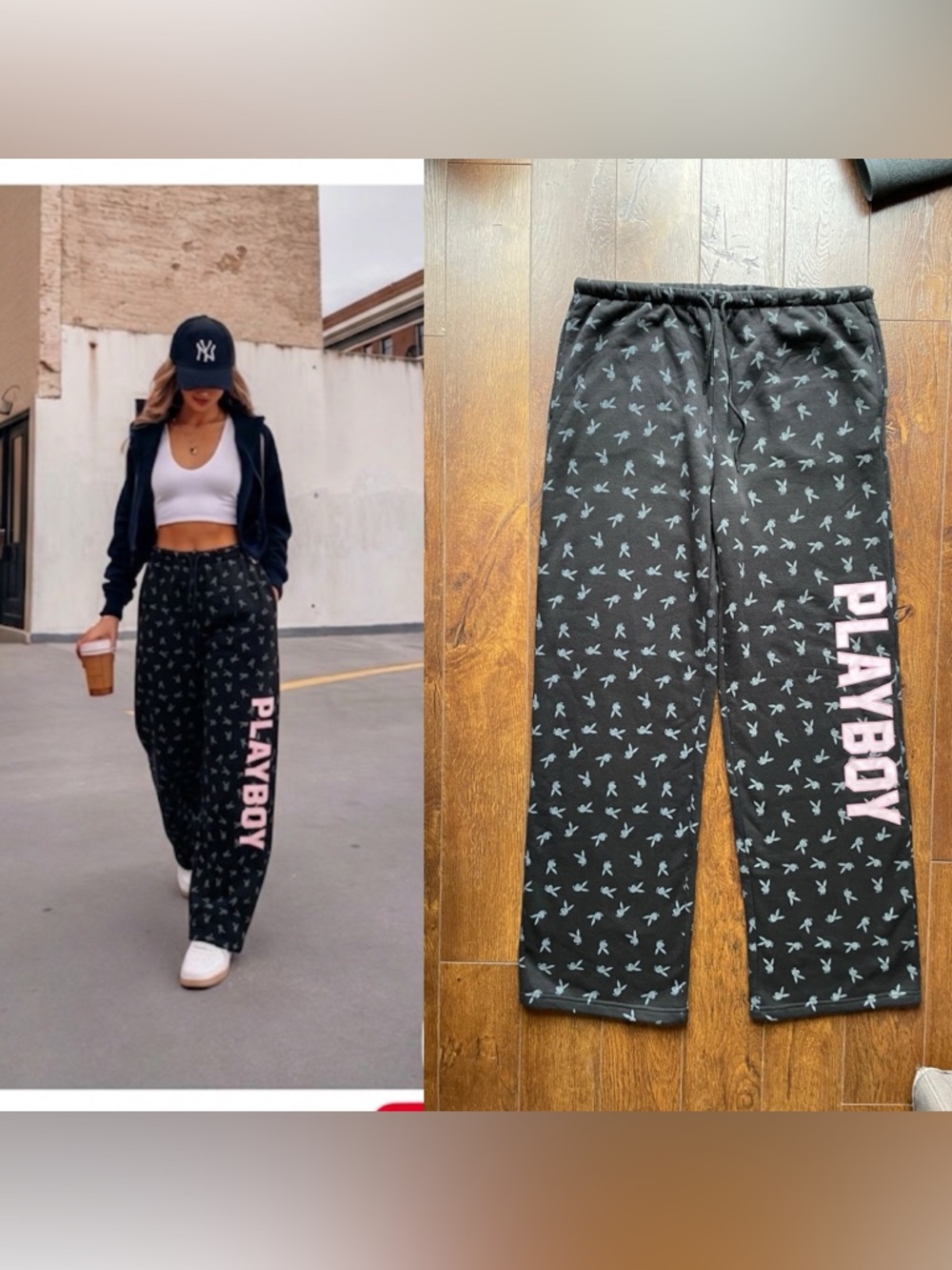 XL Playboy Fleece Wide Leg Sweatpants. Black and Pink.